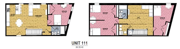 Two images showing the layout of apartment 111 with dimensions 38x28x4.
