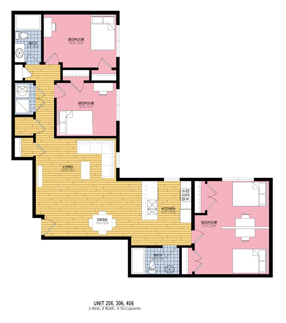 A floor plan of a three bedroom apartment with a living room, dining room, and kitchen.