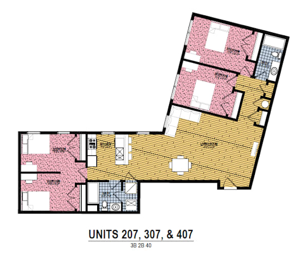A floor plan of apartment units 207, 307, and 407.