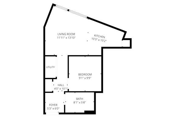A floor plan of a house with a living room, kitchen, utility, bedroom, bath, foyer and hall.