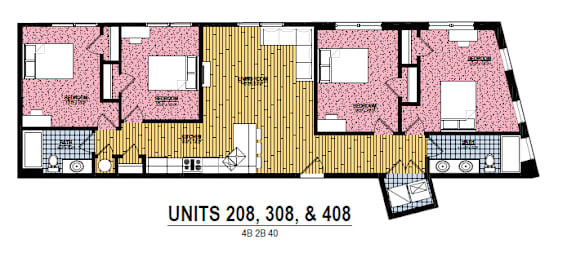A floor plan of a building with units 208, 308, and 408.