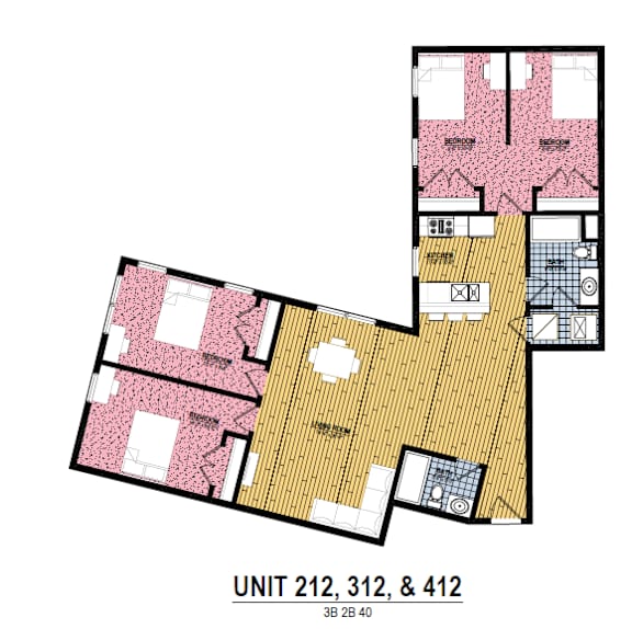 A floor plan of a building with three labeled units.