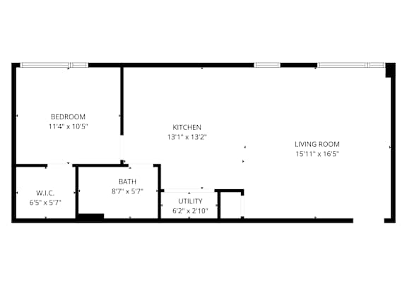 A floor plan of a house with a bedroom, kitchen, living room, bath, and utility space.