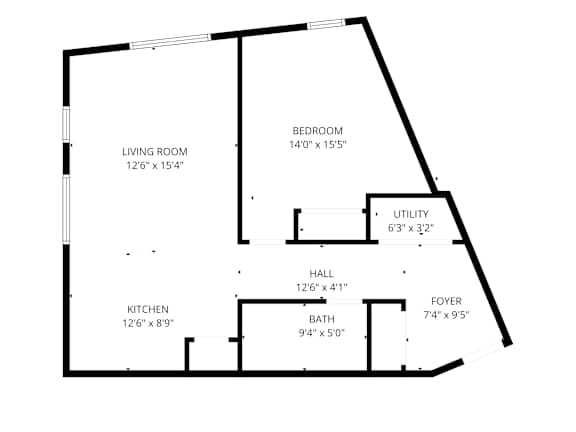 A floor plan of a house with a living room, kitchen, bedroom, bathroom, foyer and utility room.