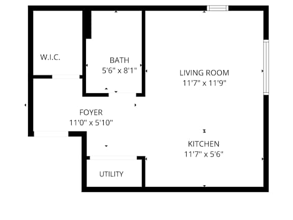 A floor plan of a small apartment with a living room, kitchen, bathroom, foyer, and utility space.