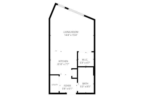 A floor plan of a small apartment with a living room, kitchen, bathroom, and utility space.