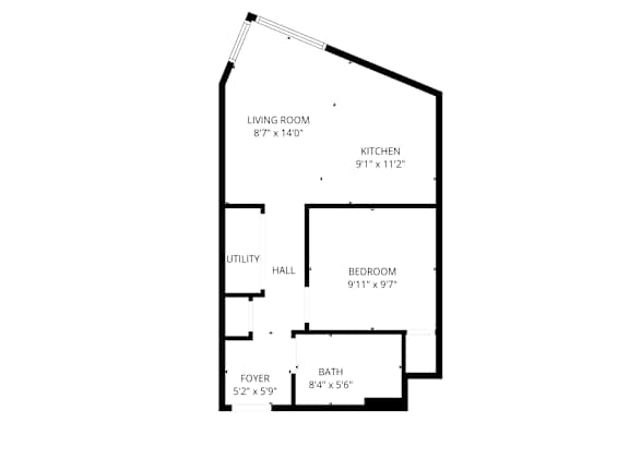 A floor plan of a house with a living room, kitchen, bedroom, bathroom, utility hall and foyer.