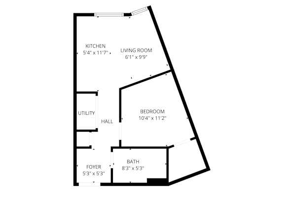 A floor plan of a small apartment with a kitchen, living room, bedroom, bathroom and utility hall.