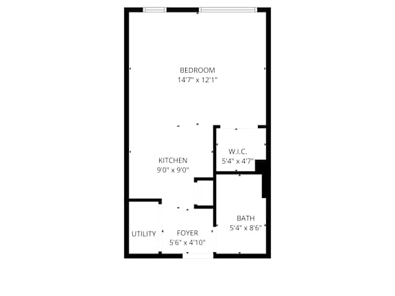 A black and white image of a floor plan for a bedroom, kitchen, and bathroom.