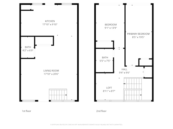 A floor plan for a two-story home with a living room, kitchen, two bedrooms, a bathroom, and a loft.