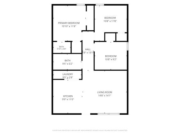A floor plan of a house with a living room, kitchen, two bedrooms, a bath, and a laundry area.