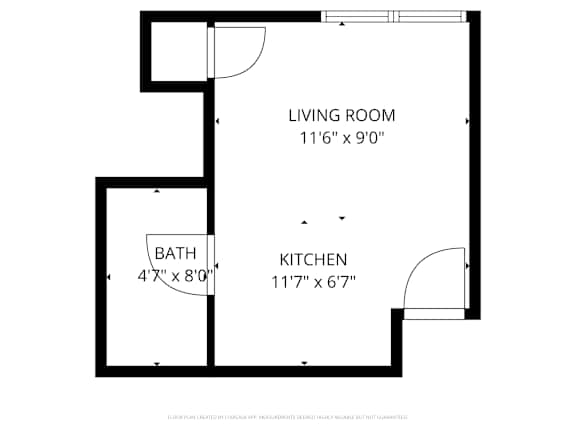 A black and white image of a floor plan for a living room, kitchen, and bathroom.