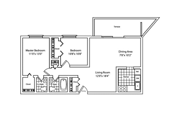 A black and white image of a floor plan for a house with a master bedroom, dining area, living room, and two other bedrooms.