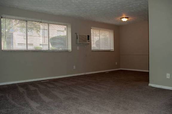A room with a carpeted floor and a window with blinds.