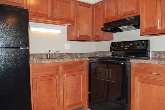 A black oven sits in a kitchen with wooden cabinets.