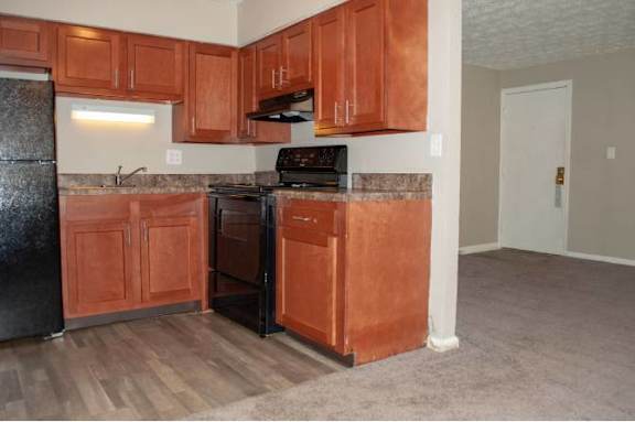 A kitchen with black appliances and wooden cabinets.