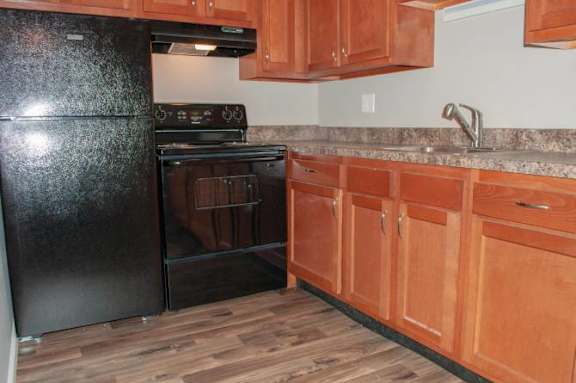 A black fridge and oven in a kitchen with wooden cabinets.