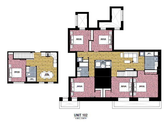 A floor plan of a unit with a living room, kitchen, and two bedrooms.