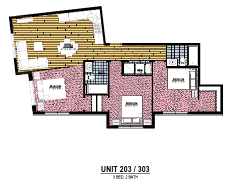 A floor plan of a 3 bedroom, 2 bathroom unit.
