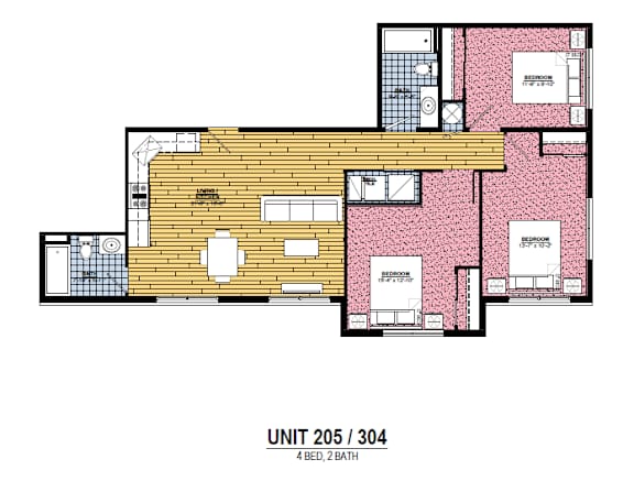 A floor plan of a unit with a 4 bedroom and 2 bathroom layout.