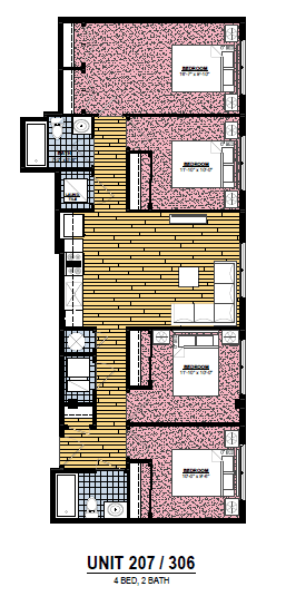 A floor plan of a unit with 4 bedrooms and 2 bathrooms.