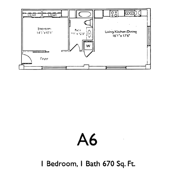 A drawing of a floor plan for a one bedroom apartment with a bath.