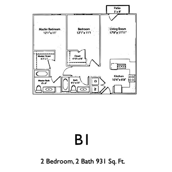 A drawing of a floor plan for a 2 bedroom, 2 bath 931 square foot home.