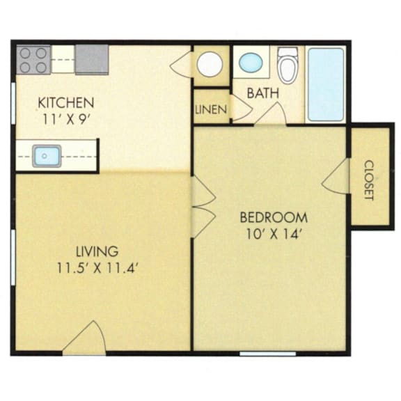A floor plan of a small apartment with a kitchen, bathroom, living room, and bedroom.