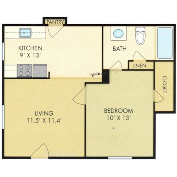 A floor plan of a small apartment with a living room, bedroom, kitchen, bathroom, and closet.