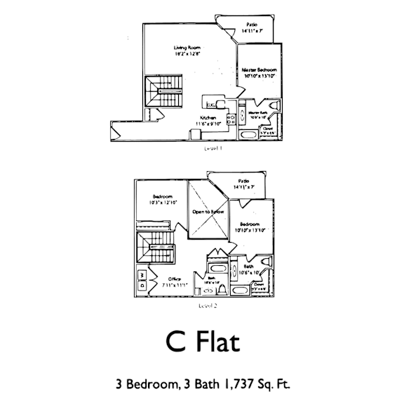 A diagram of a C-shaped floor plan for a 3 bedroom, 3 bath home.