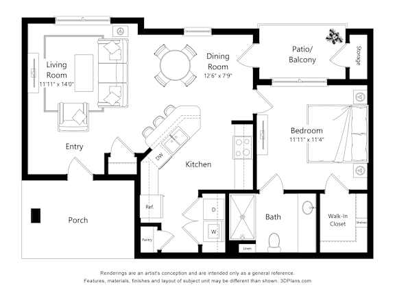 A black and white floor plan of a house with a living room, dining room, kitchen, bathroom, bedroom, and porch.