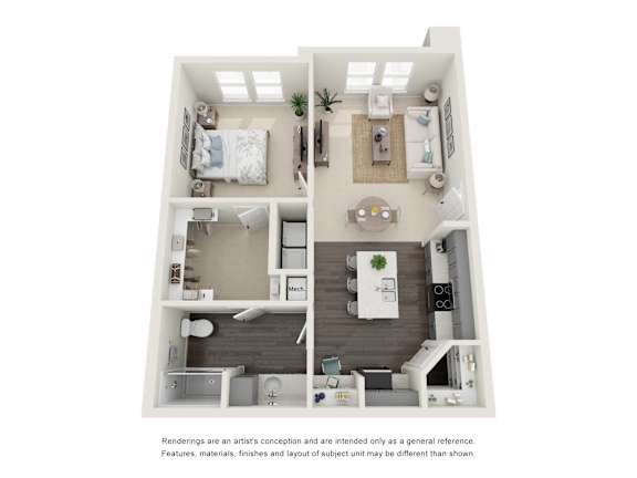 A floor plan of a small apartment with a kitchen, living room, and two bedrooms.