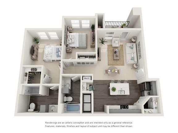A floor plan of a house with a kitchen, living room, and two bedrooms.