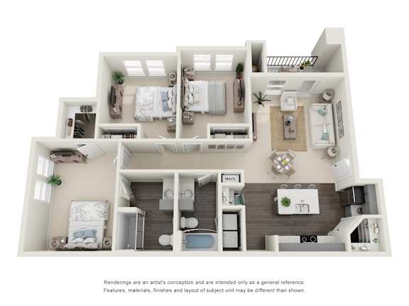 A 3D rendered image of a modern apartment layout.