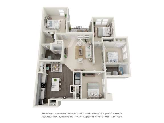 A 3D rendered image of a house layout.