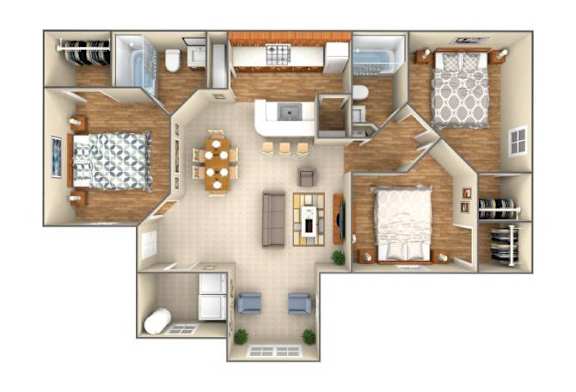 3Bed 2Bath Floor Plan at Country Oaks Apartments, San Marcos, TX, 78666