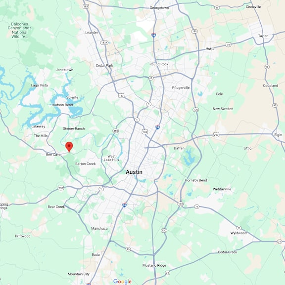 A map with Austin at the center and a red pin on Bee Cave.