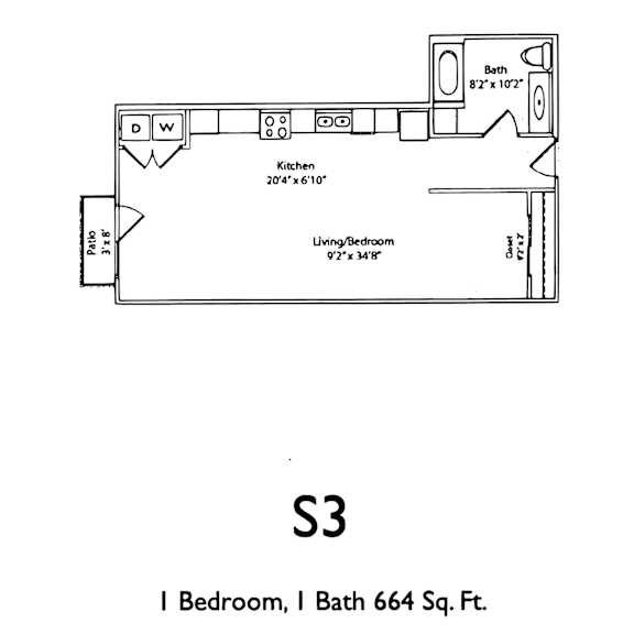 A floor plan for a one bedroom, one bath apartment.