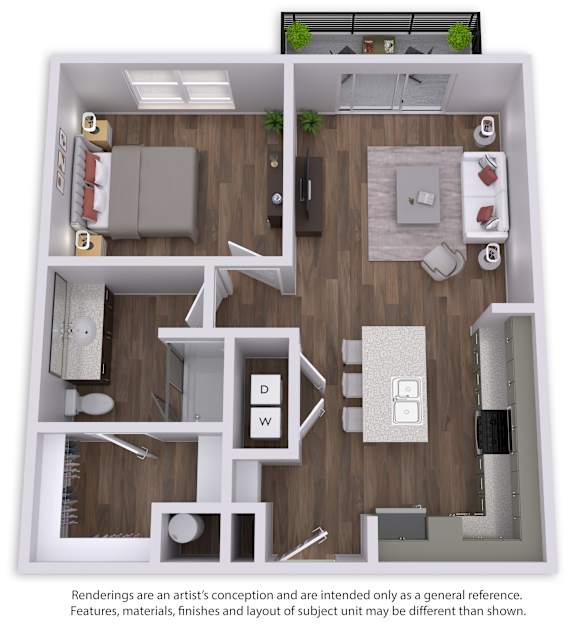 A 3D floor plan of a house layout.