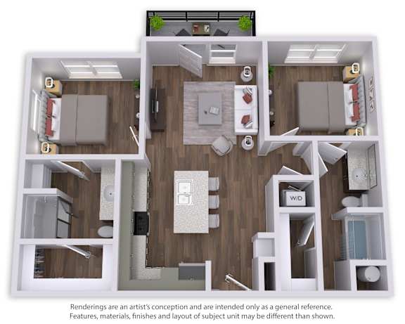 A 3D floor plan of a house with a kitchen, living room, and two bedrooms.