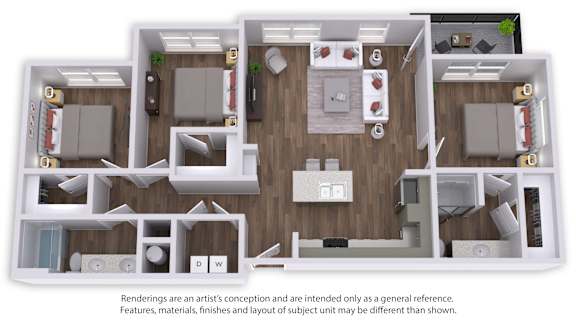 A 3D floor plan of a house with a kitchen, living room, and two bedrooms.