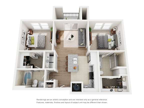 A floor plan of a two-bedroom apartment with a living room, kitchen, and bathroom.