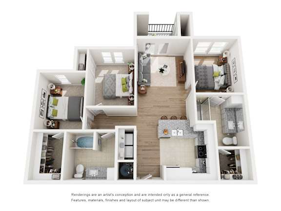 A floor plan of a two-bedroom apartment with a living room, kitchen, and bathroom.