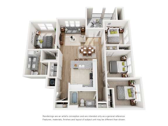 A 3D floor plan of a house with a kitchen, living room, and bedrooms.