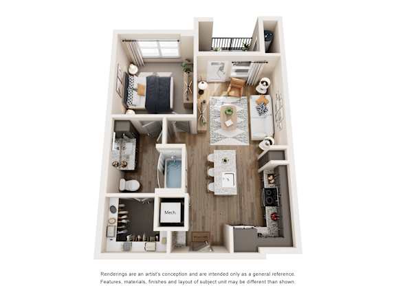 A floor plan of a small apartment with a kitchen, living room, and bathroom.