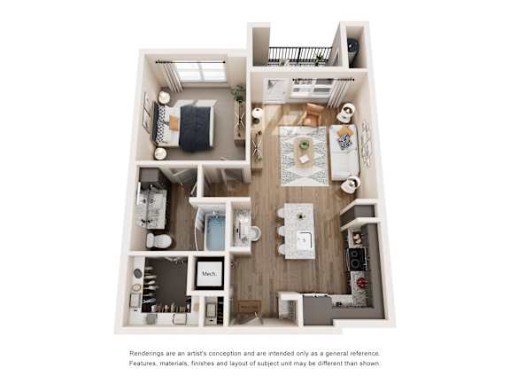 A floor plan of a small apartment with a kitchen, living room, and bedroom.