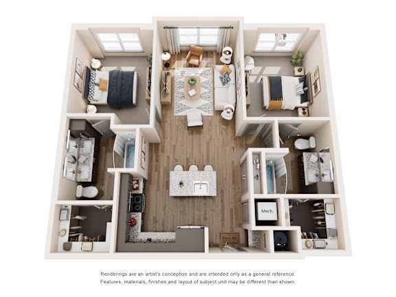A 3D floor plan of a house with a kitchen, living room, and two bedrooms.