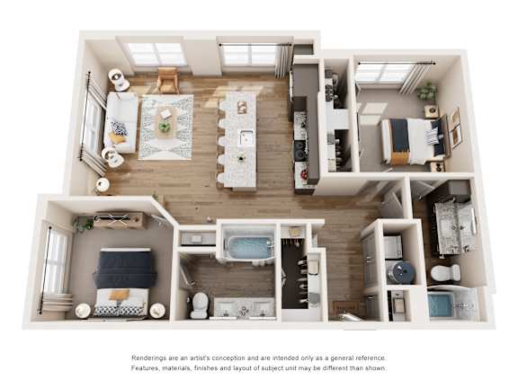 A top-down view of a modern, minimalist apartment with a kitchen, living room, and bedroom.