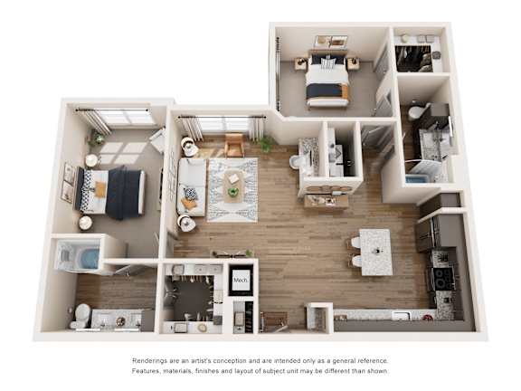 A floor plan of a house with a kitchen, living room, and two bedrooms.