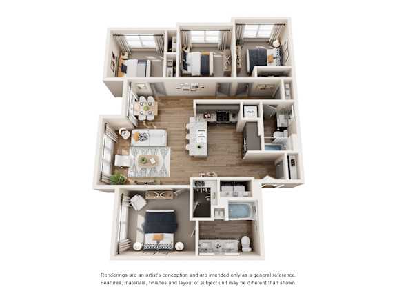 A 3D rendered image of a house layout.